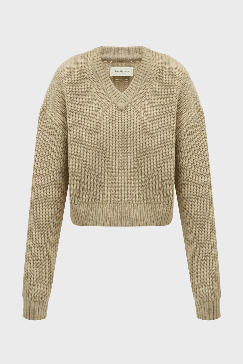 Женский бежевый шерстяной пуловер CHUNKY V-NECK SWEATER 5