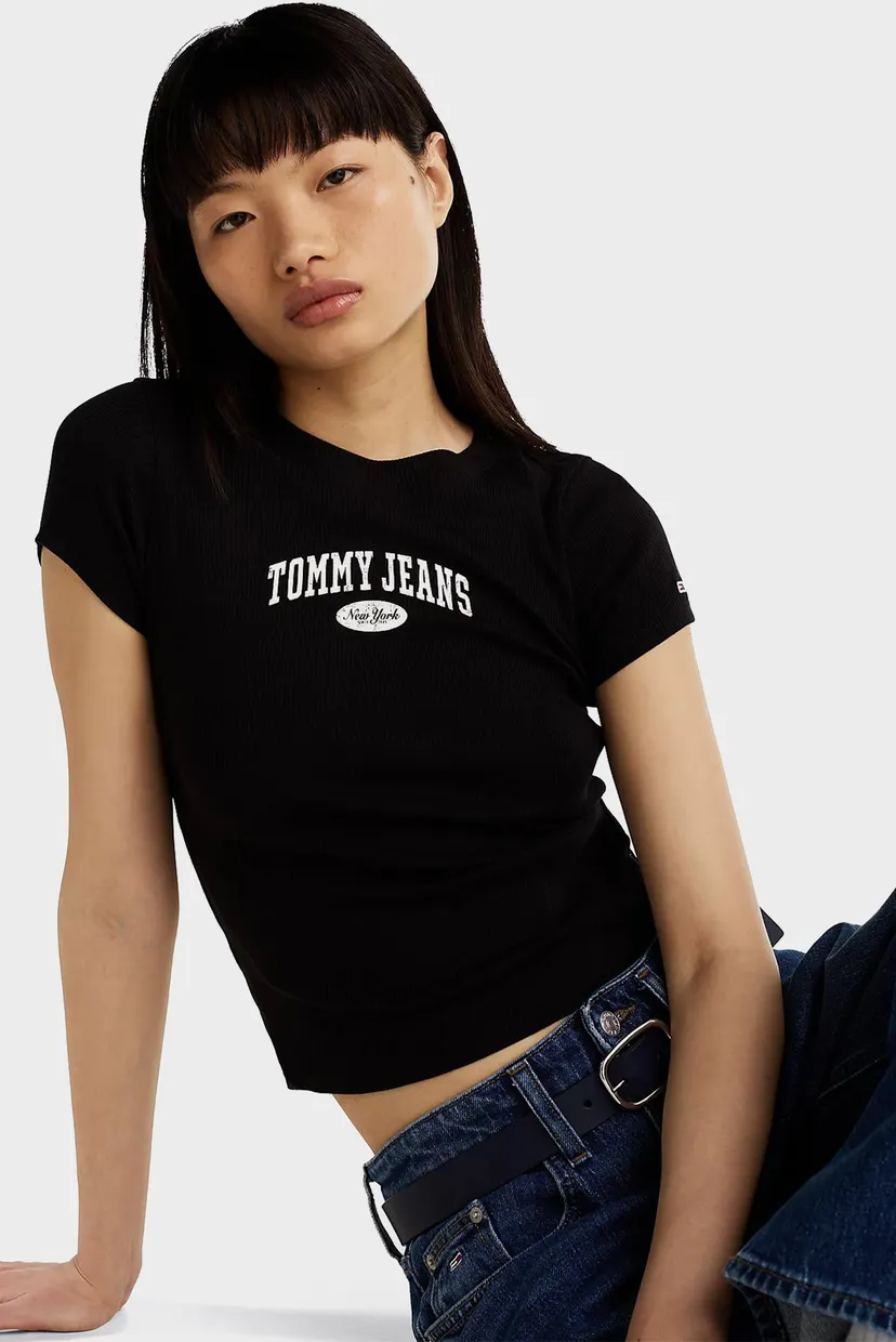 Женская черная футболка TJW SLIM VARSITY RIB TEE EXT 4