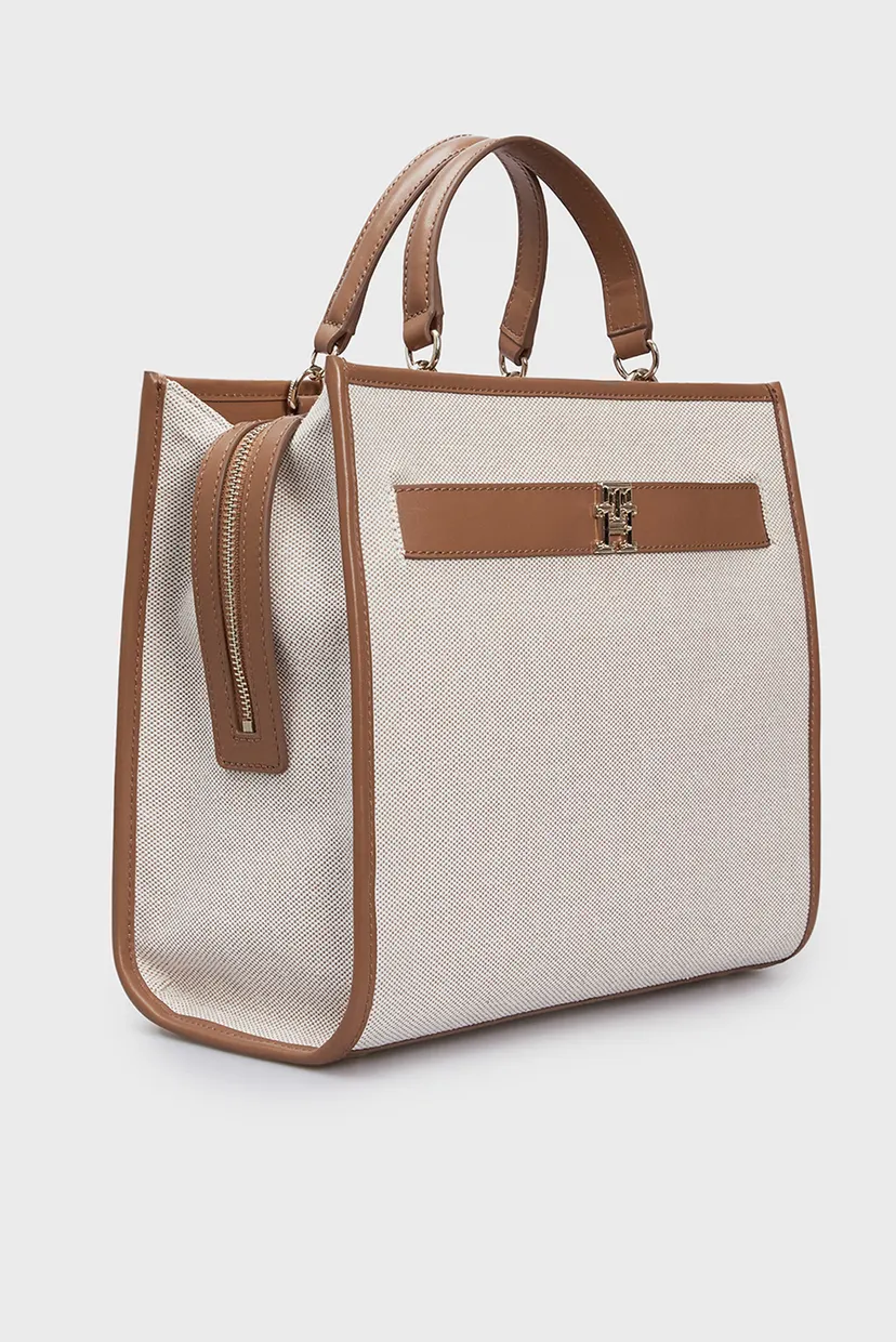 Жіноча бежева сумка TH LOGO LEATHER MED SATCHEL CAN 3