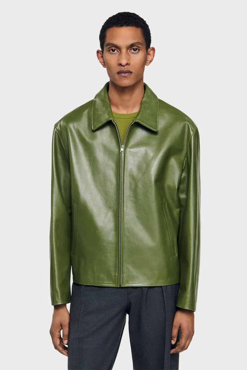 Мужская оливковая кожаная куртка Sandro SHPBL01117_LIME — MD-Fashion