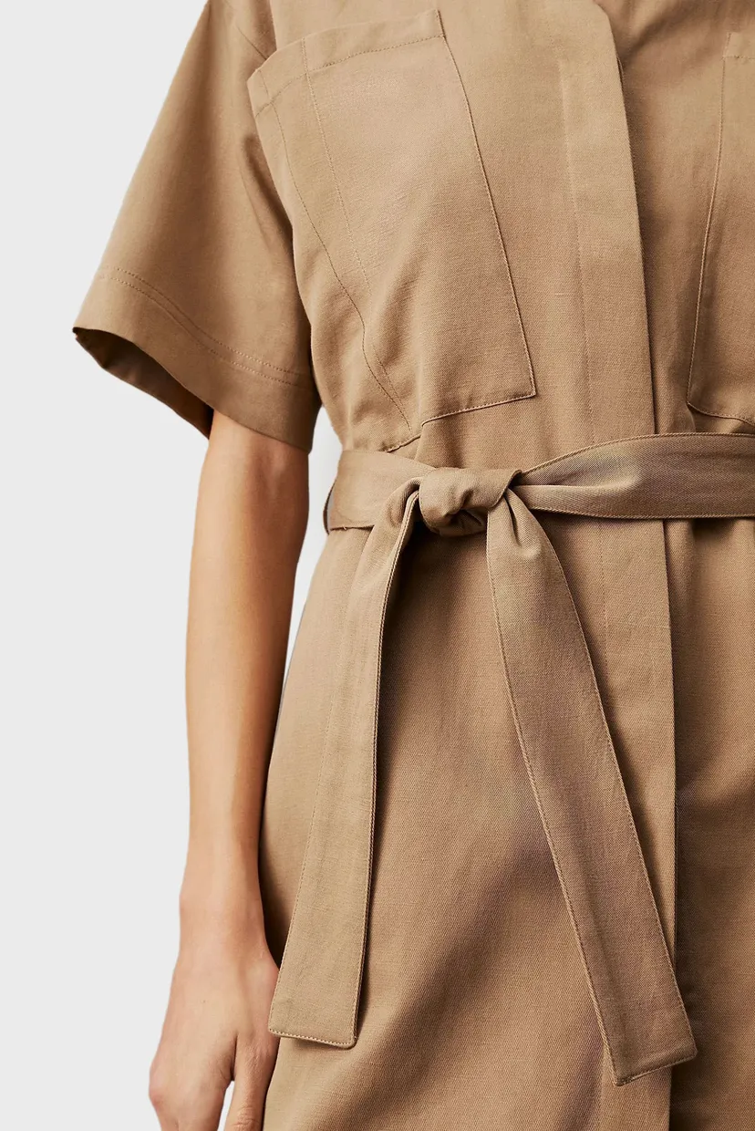 Женское бежевое платье COTTON LINEN BELTED SHIFT DRESS 4