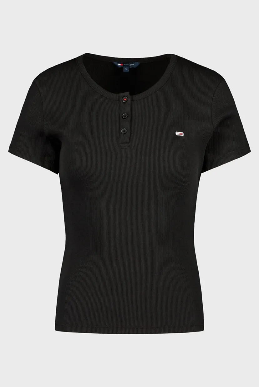 Жіноча чорна футболка TJW SLIM BUTTON RIB C-NECK SS 5