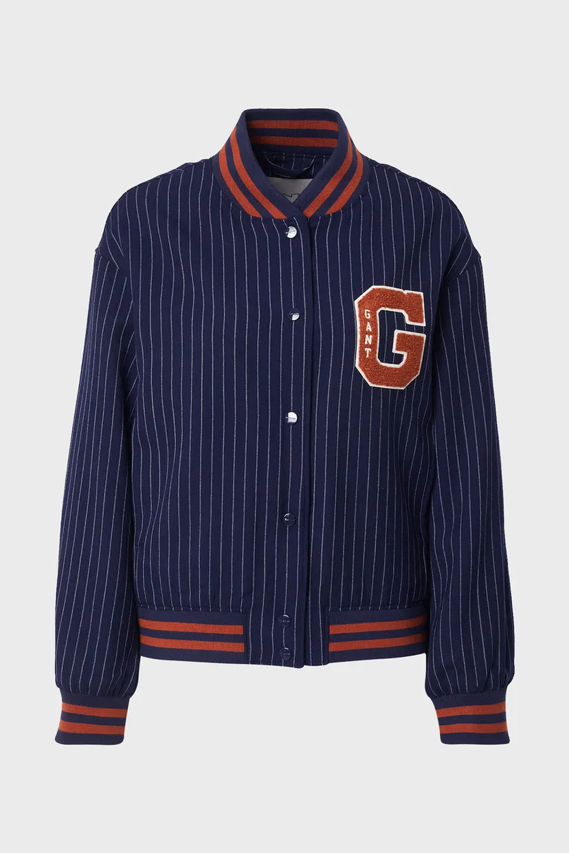 Жіночий темно-синій вовняний бомбер у смужку PINSTRIPE VARSITY 6