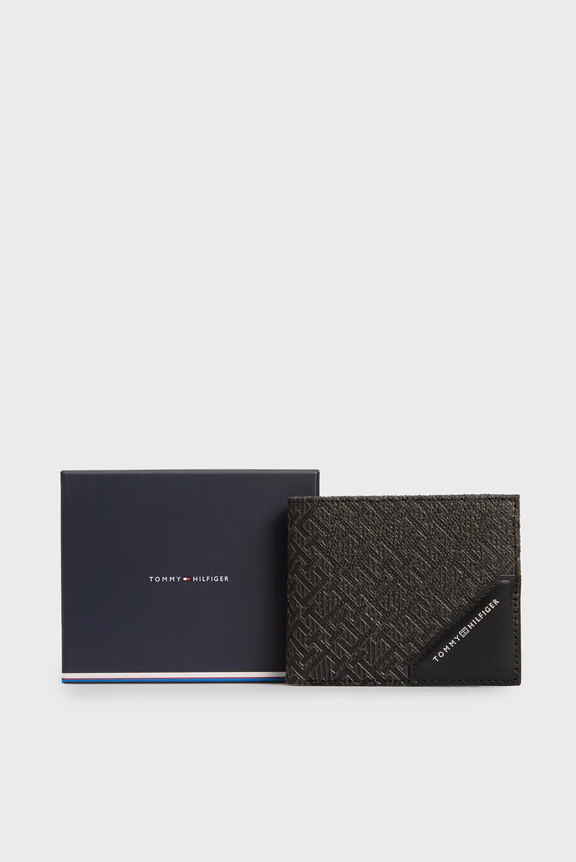 Мужской черный кожаный кошелек с узором TH MONOGRAM MINI WALLET 5