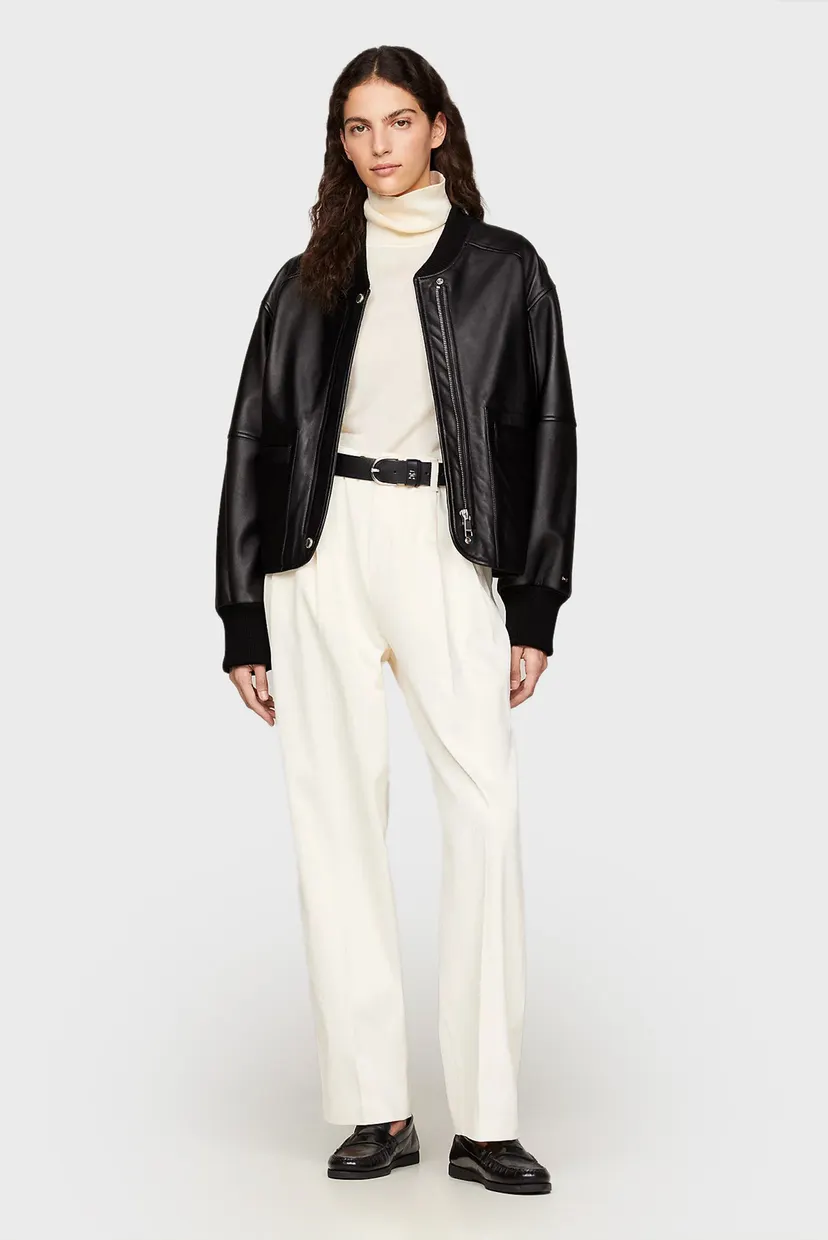 Женский черный кожаный бомбер LEATHER BOMBER JACKET Tommy Hilfiger