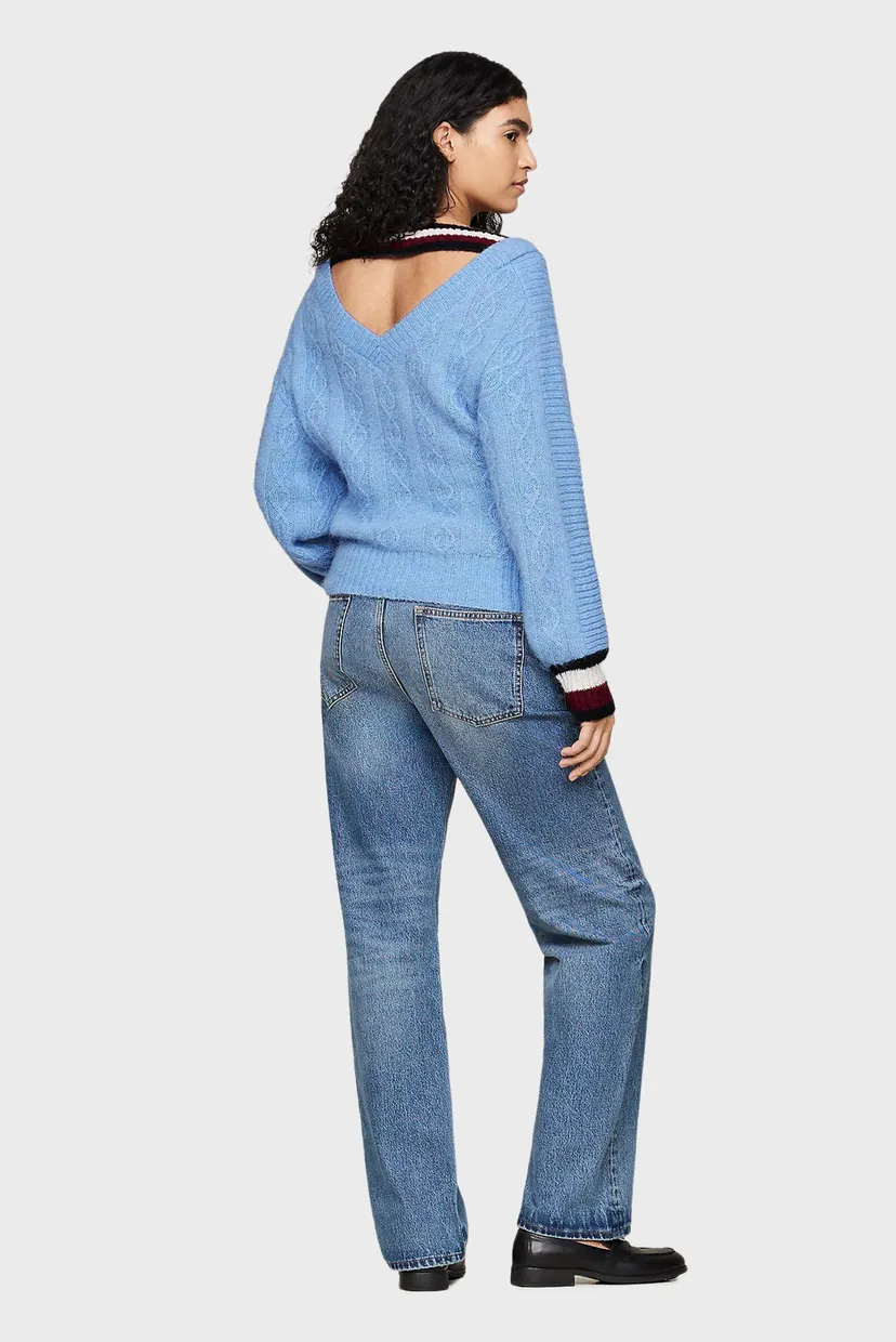 Женский голубой шерстяной джемпер THC PREPPY V-NECK CABLE 4