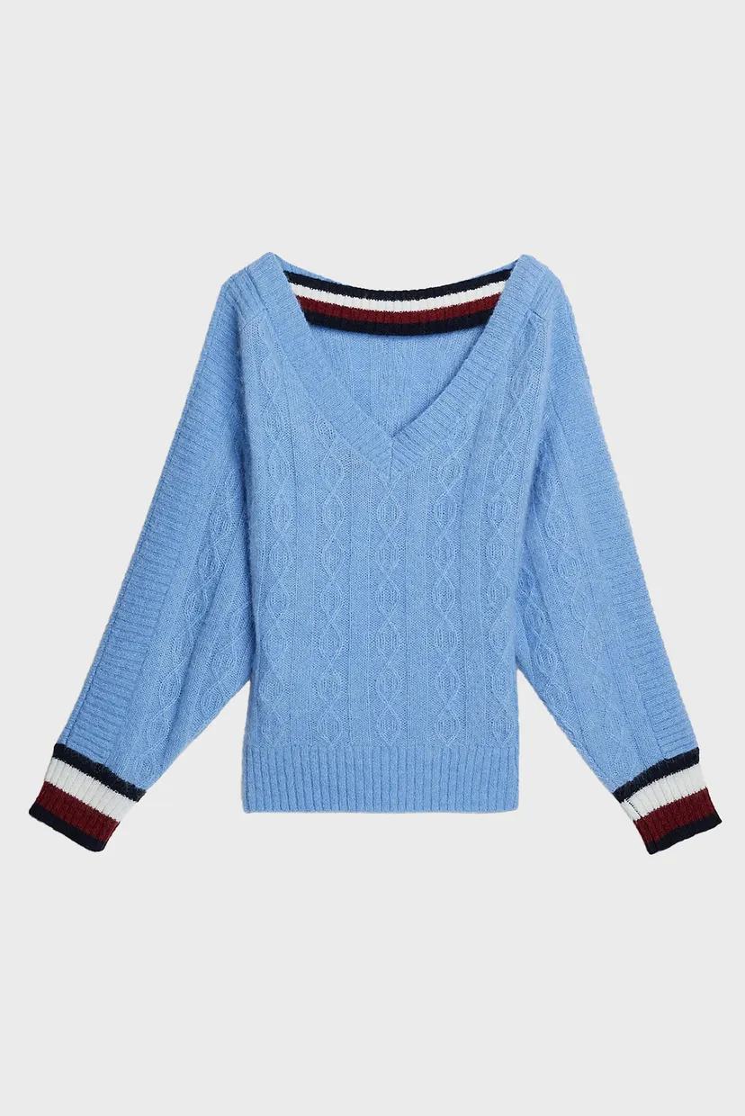 Женский голубой шерстяной джемпер THC PREPPY V-NECK CABLE 6
