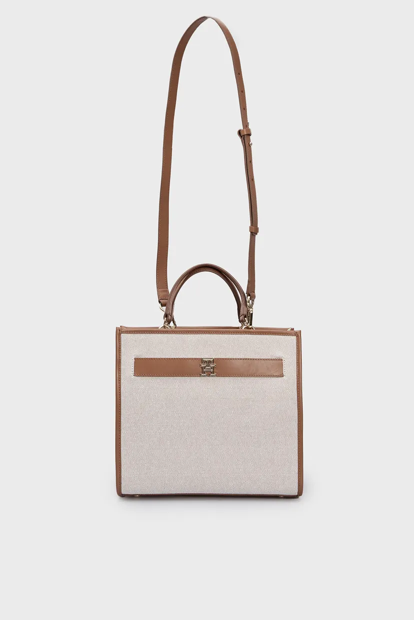 Жіноча бежева сумка TH LOGO LEATHER MED SATCHEL CAN 5