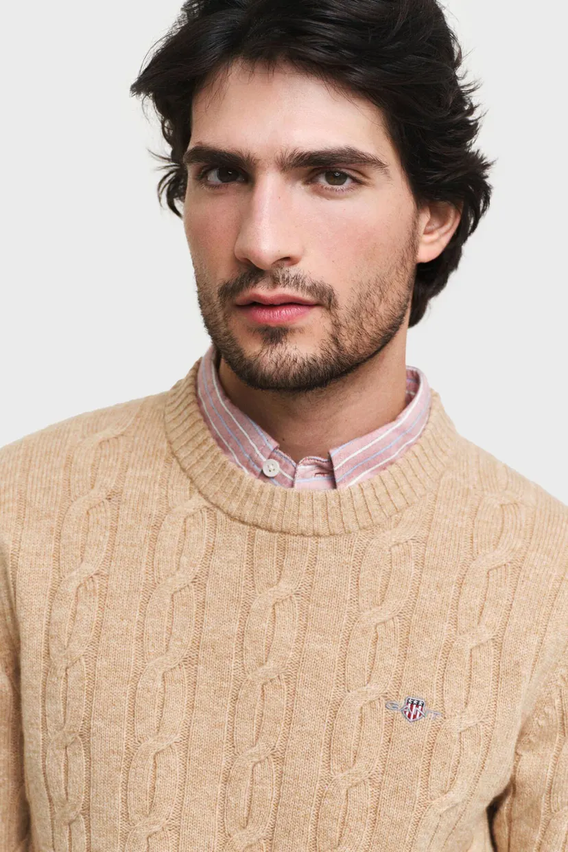 Чоловічий бежевий вовняний светр LAMBSWOOL CABLE C-NECK 4