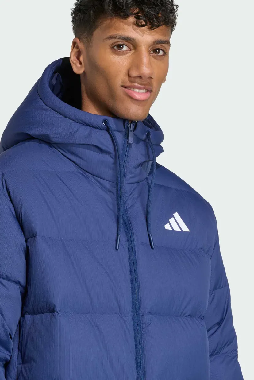 Мужской синий пуховик Essentials Climawarm 3-Stripes Puffer Hooded 4