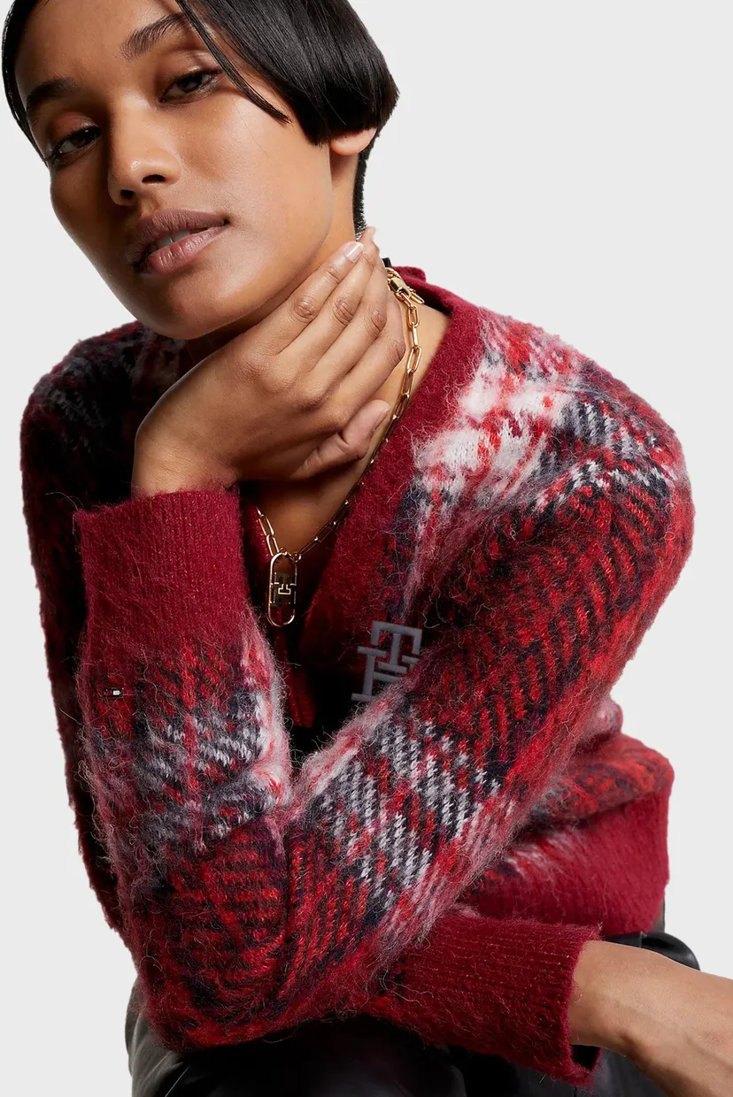 Женский бордовый кардиган в клетку IMD TARTAN CHECK CROP V-NK CARDI 4
