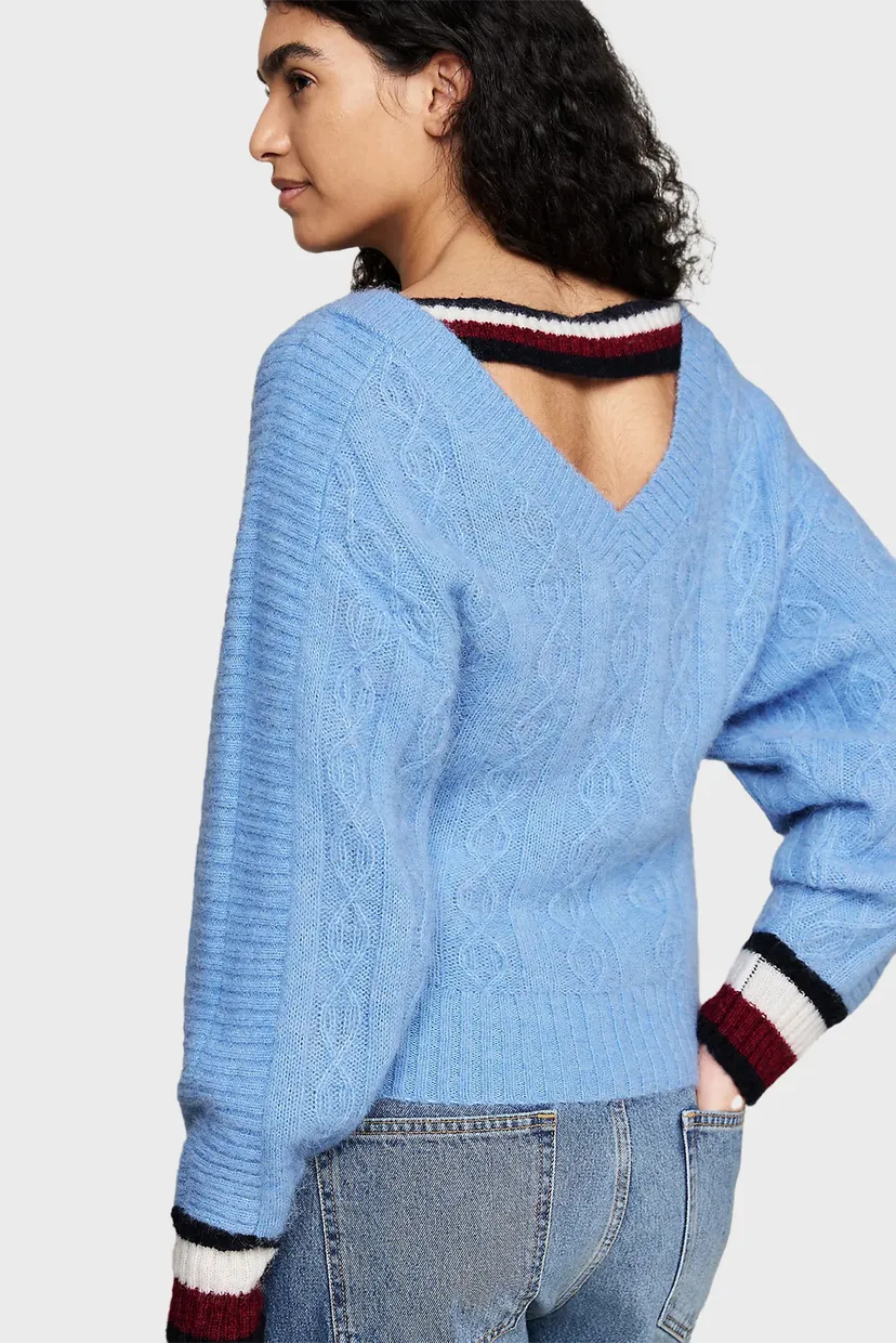 Женский голубой шерстяной джемпер THC PREPPY V-NECK CABLE 3