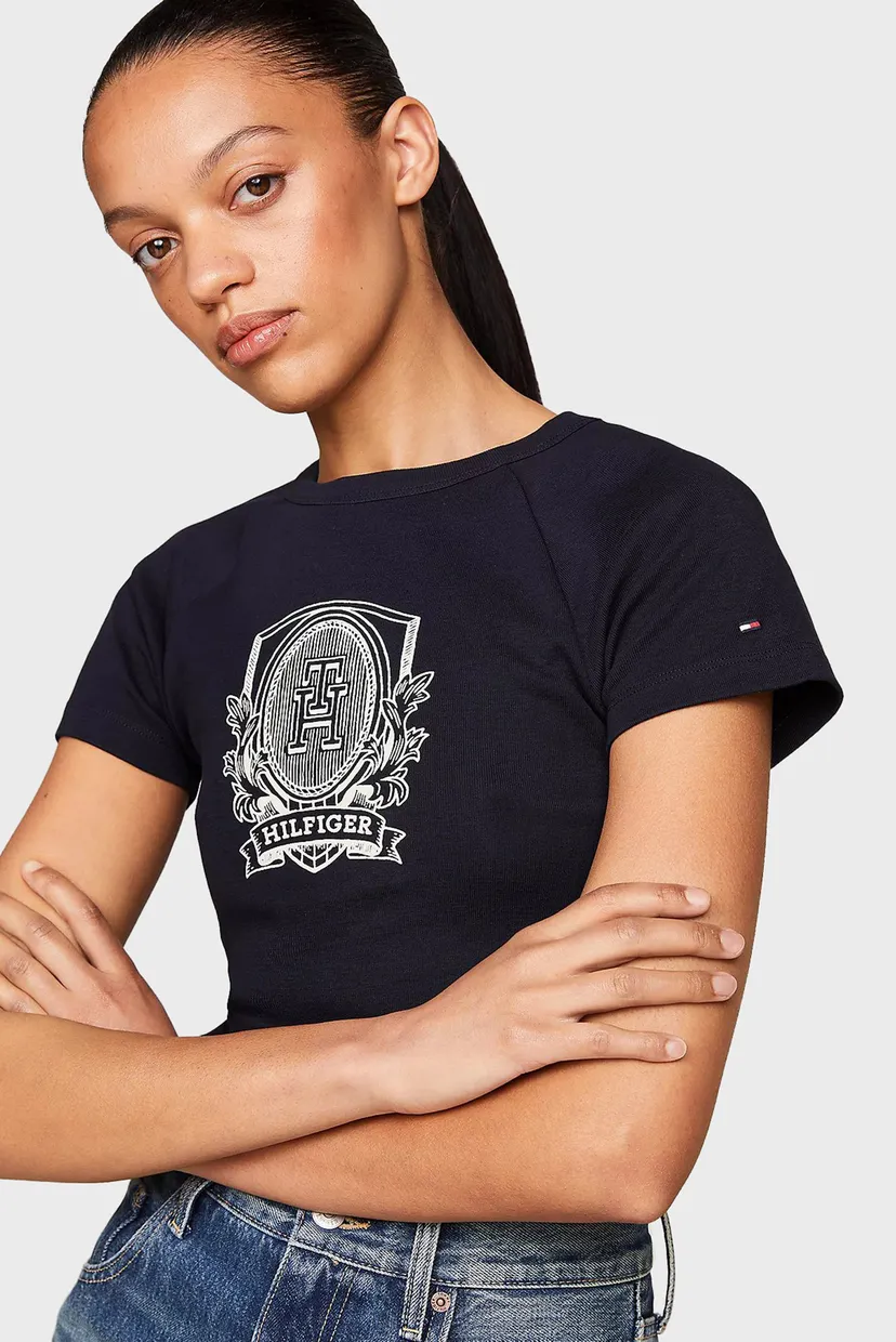 Женская темно-синяя футболка SLIM RAGLAN CREST C-NK SS 4