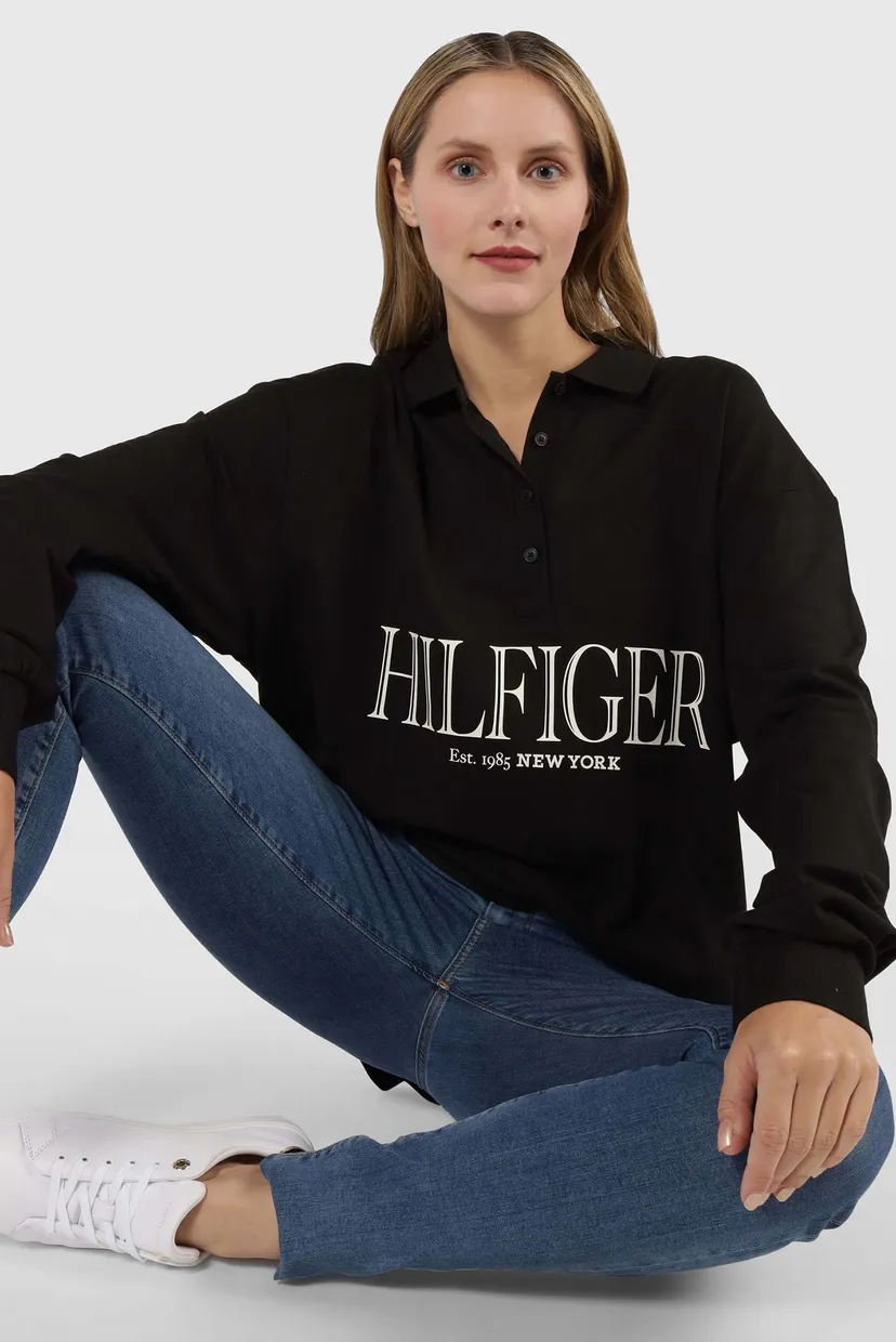 Женское черное поло BOYFRIEND MDN HILFIGER POLO LS 4