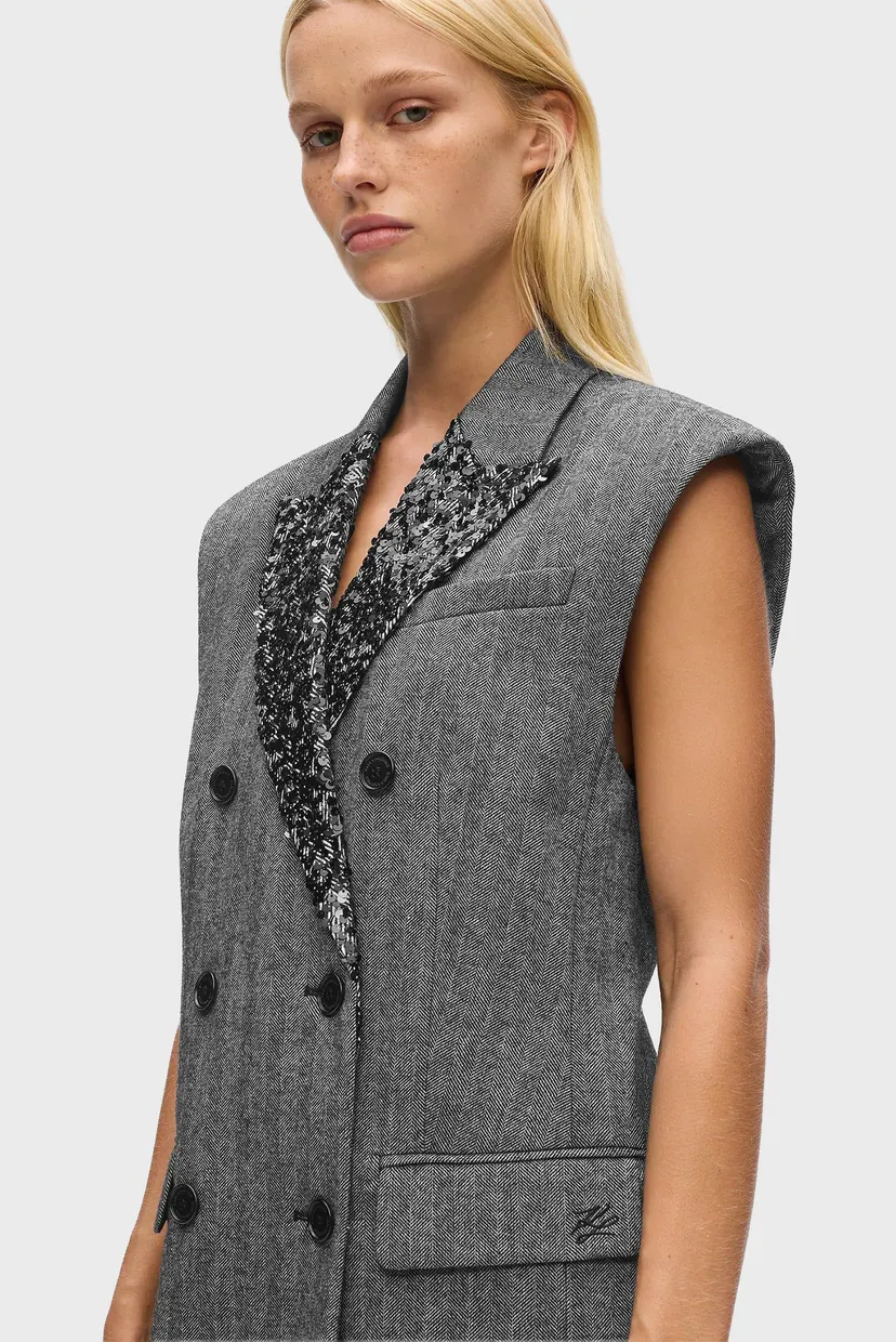 Женский серый жилет с узором embellished lapel 4
