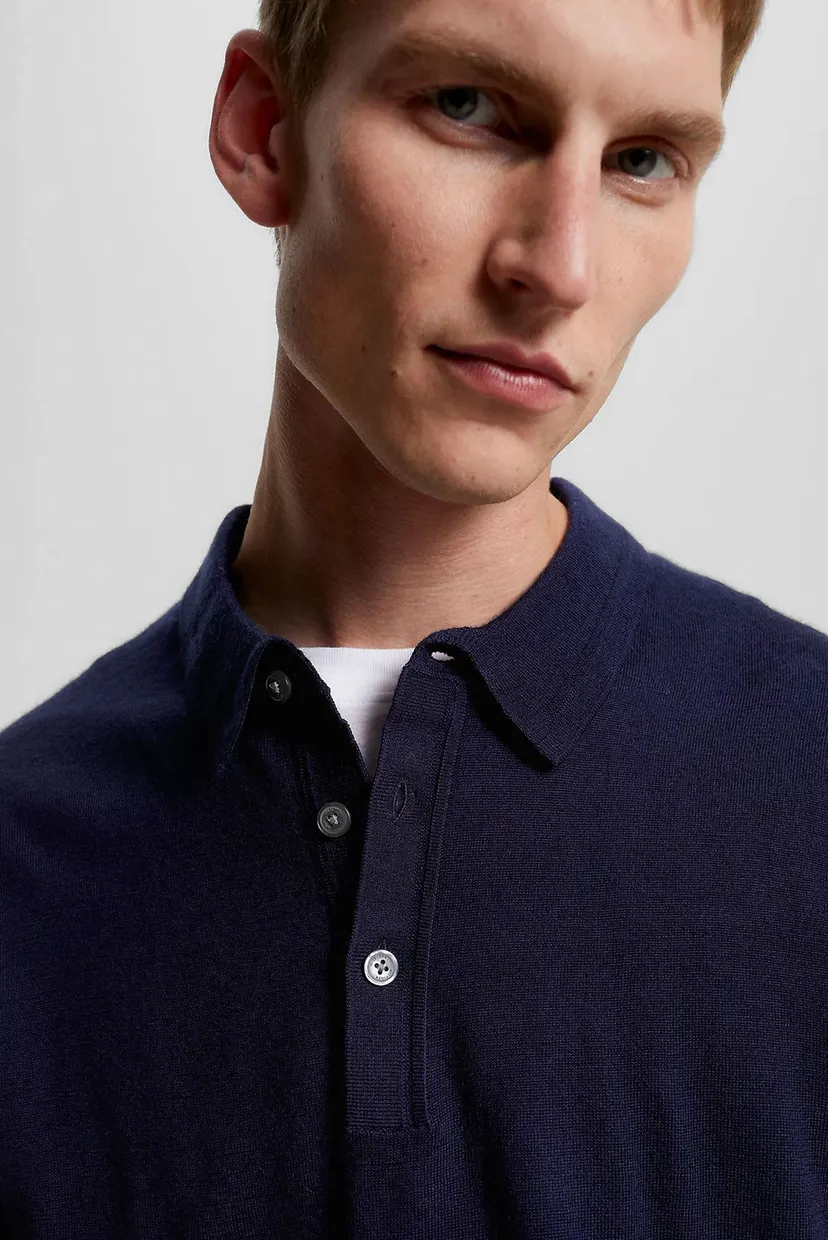 Чоловіче темно-синє вовняне поло FINE GAUGE MERINO POLO LS 4