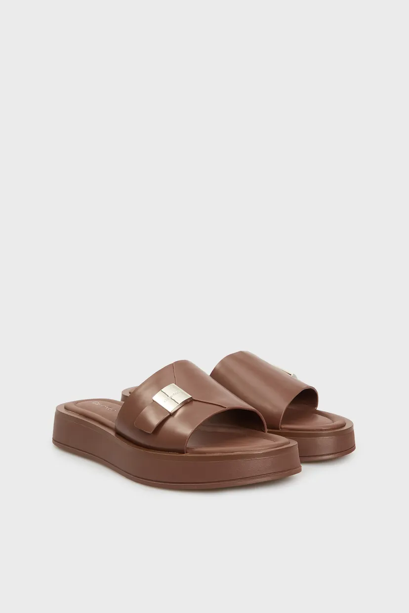 Жіночі коричневі шкіряні слайдери FLATFORM SLIDE W/CK HW - LTH 3