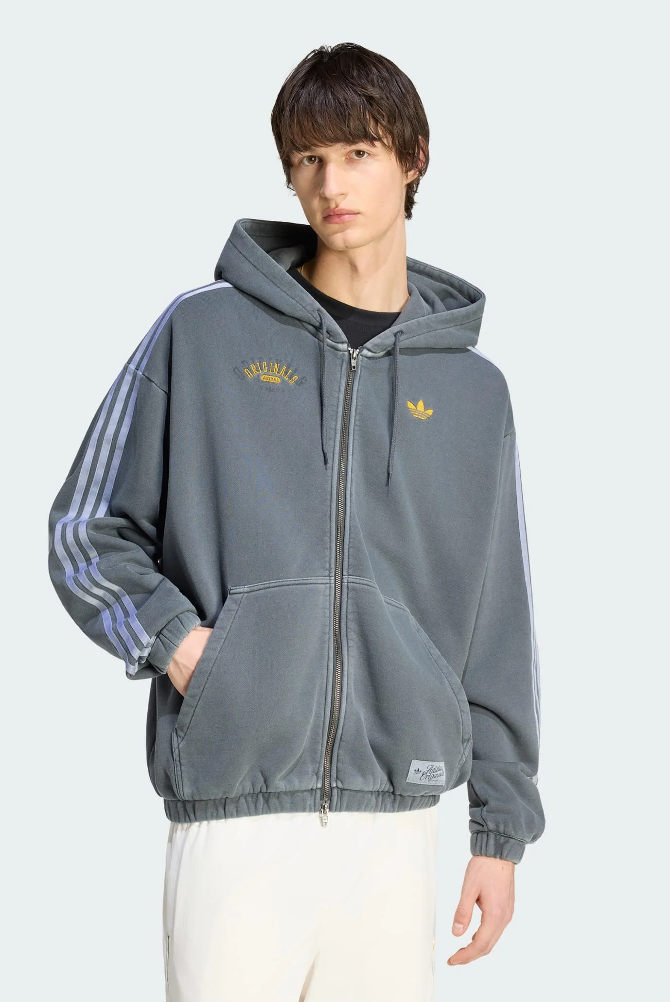 こぅ Мужское серое худи ADIDAS ORIGINALS - WASHED GRAPHICS ZIP-THRU