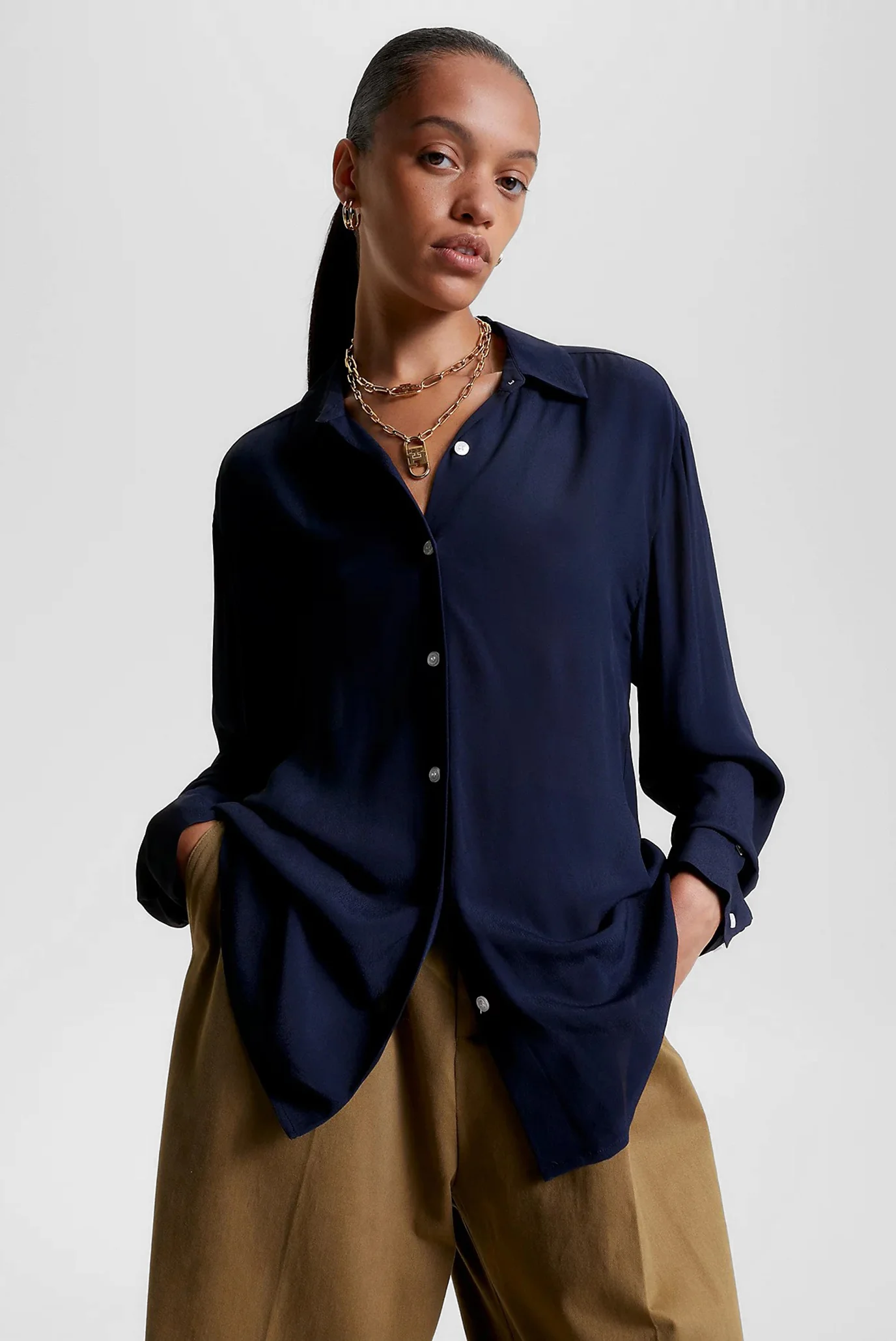 トップス f_ma Жіноча темно-синя сорочка VISCOSE CREPE FLUID SHIRT LS Tommy