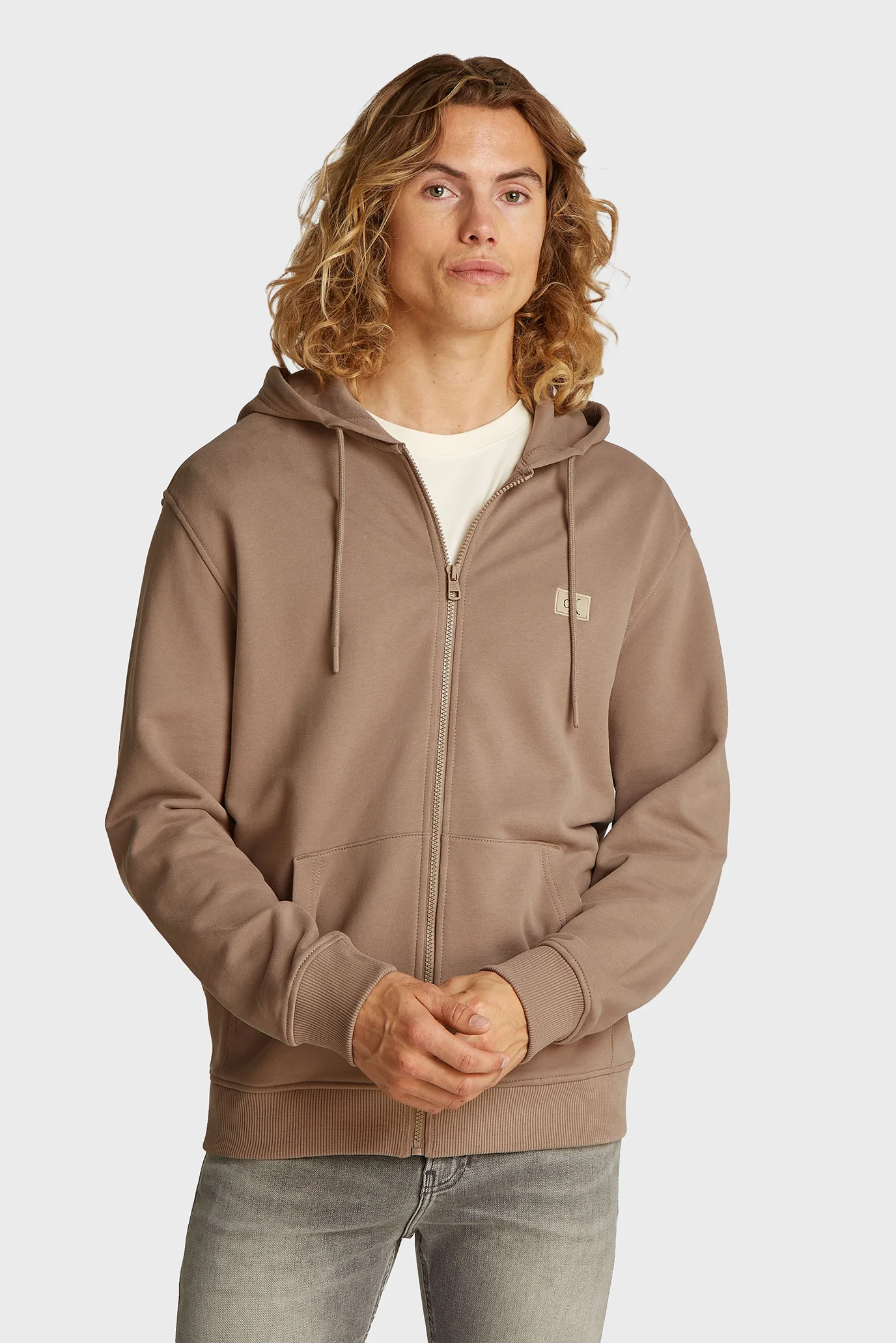Мужское коричневое худи WOVEN LABEL ZIP THROUGH HOODIE Calvin