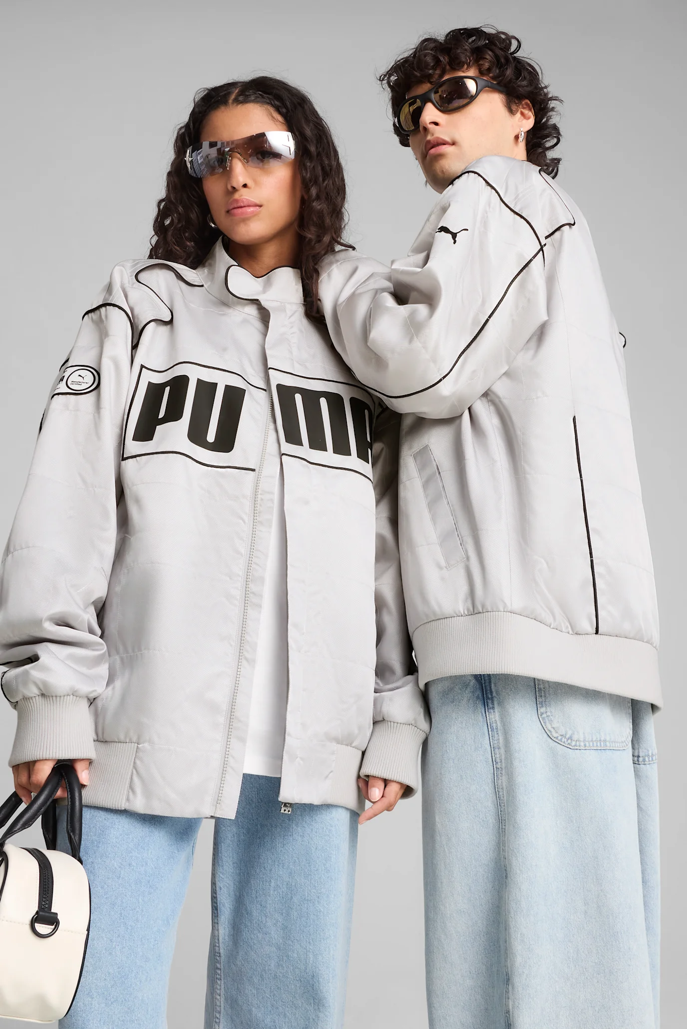 ま*ん様 PUMA ホワイトレザージャケット Світло-сіра куртка ARCHIVE SEASONAL Relaxed Racer Jacket Unisex