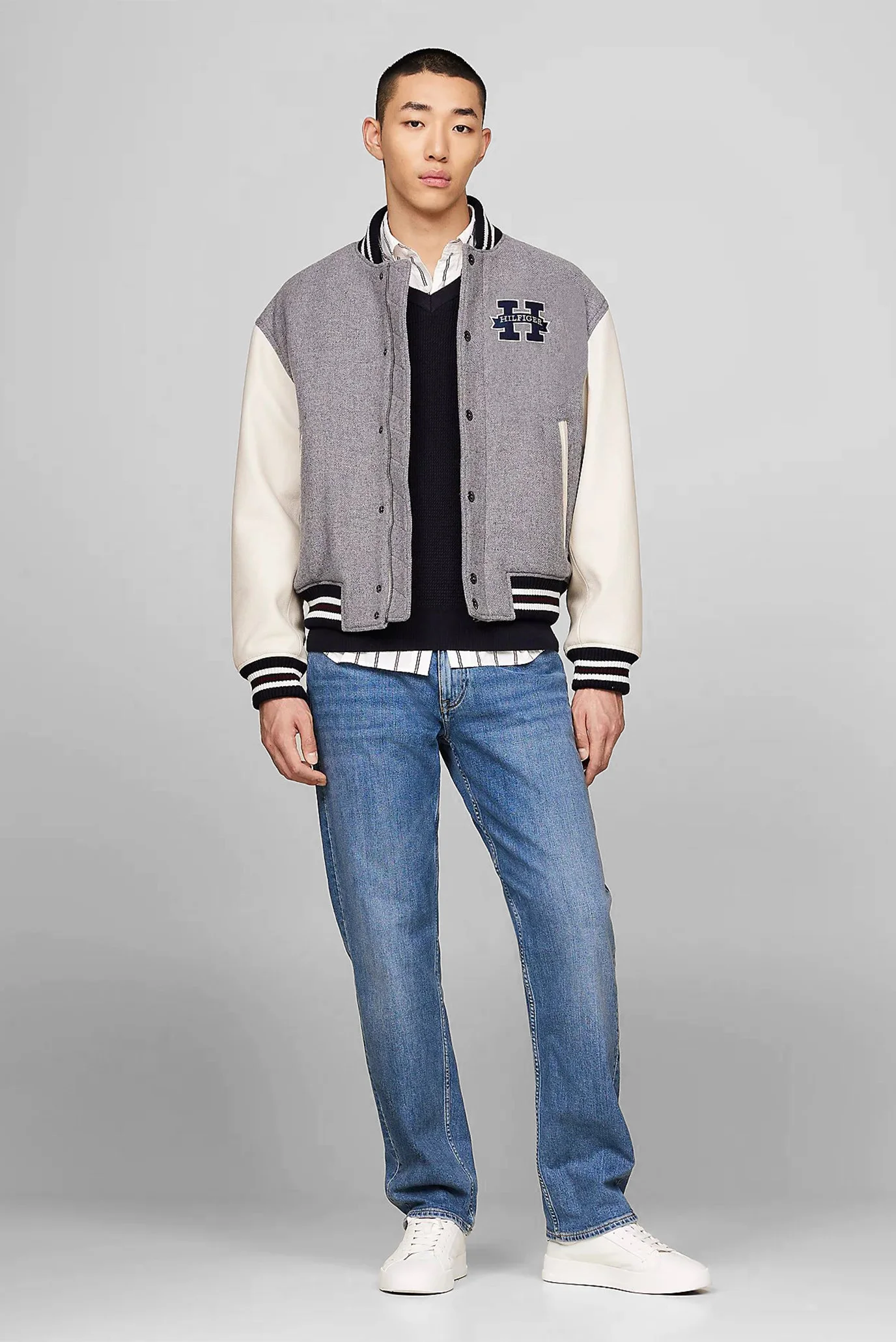 Чоловічий сірий вовняний бомбер LEATHER VARSITY JACKET Tommy