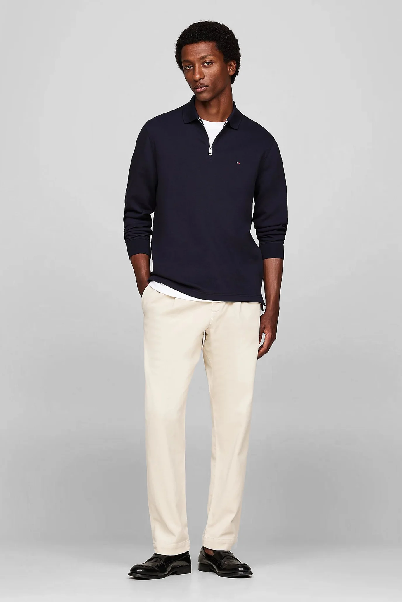 Мужское темно-синее поло L/S TEXTURED ZIP REG POLO Tommy Hilfiger
